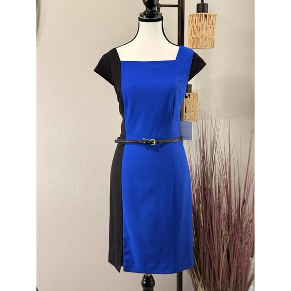 Calvin Klein Dress Blue & Black Lined Cap Sleeve Sheath Size 8 NWT - Picture 2 of 7